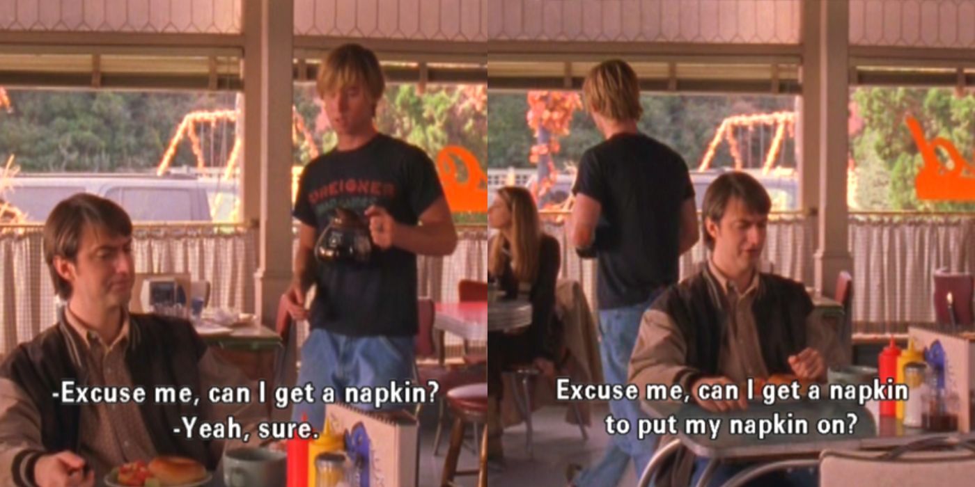 A split image of Kirk asking for a napkin on Gilmore Girls