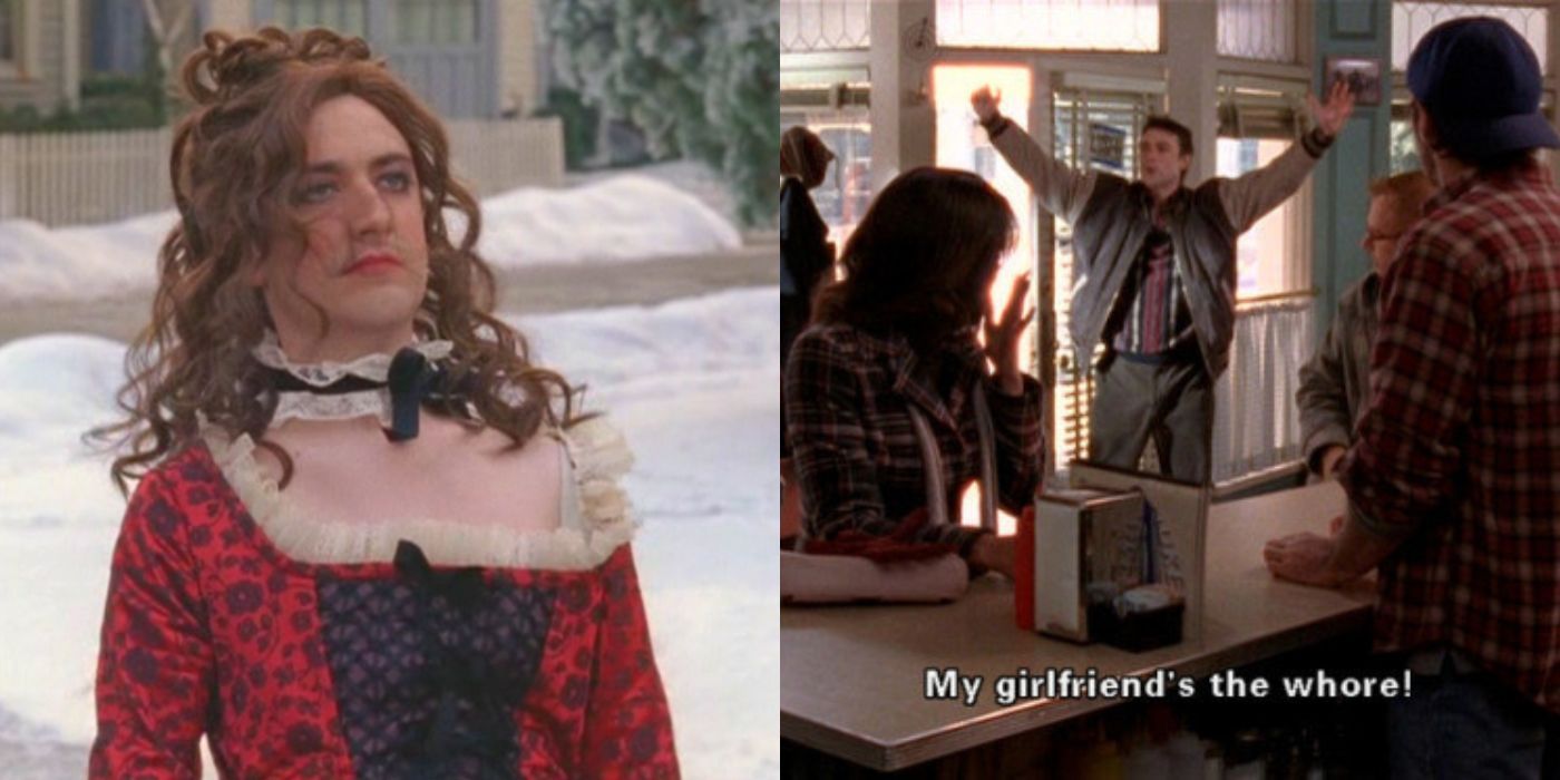 A split image of Kirk dressed as a woman and talking about his GF on Gilmore Girls