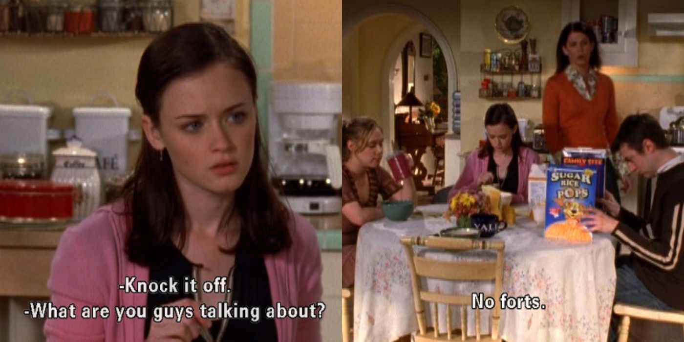 A split image of Kirk eating breakfast with Rory and the Gilmores Gilmore Girls