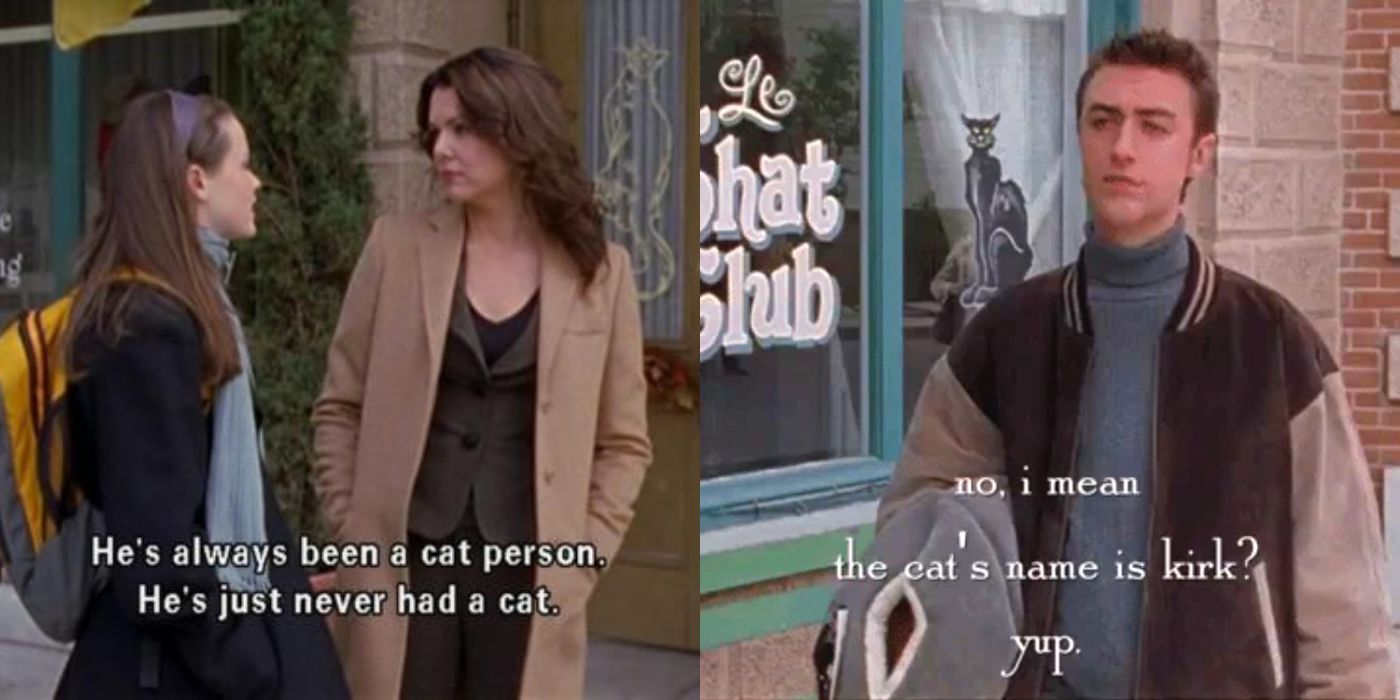 A split image of Kirk talking about his cat on Gilmore Girls