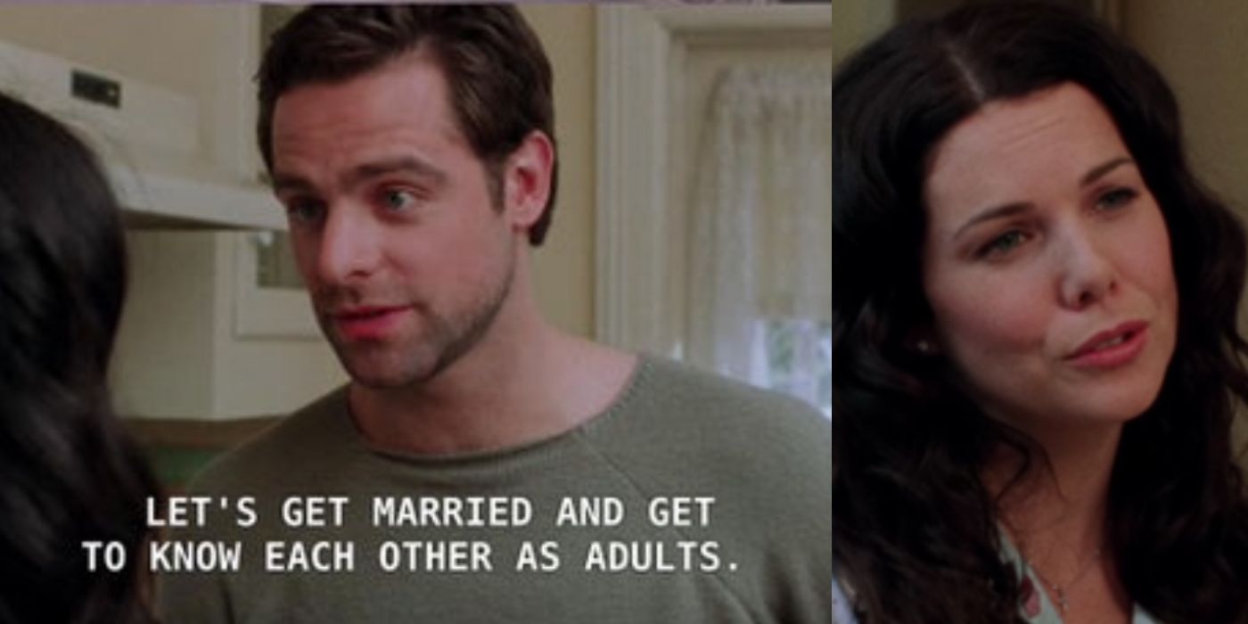 A split image of Lorelai and Christopher talking about marriage on Gilmore Girls