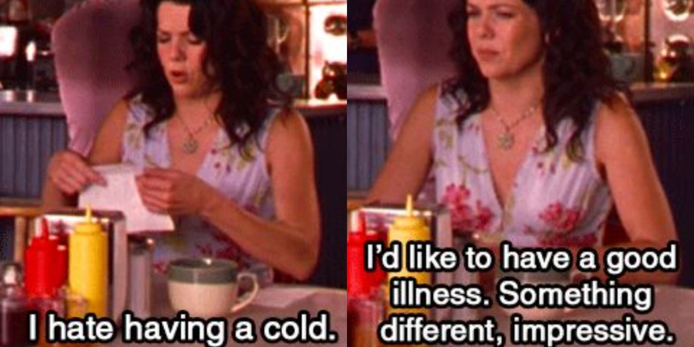 A split image of Lorelai talking about being sick on Gilmore Girls