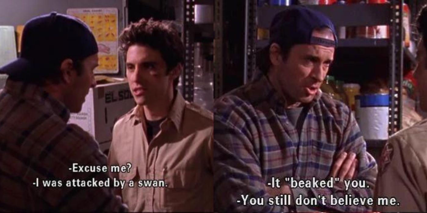 A split image of Luke and Jess talking about the swan on Gilmore Girls