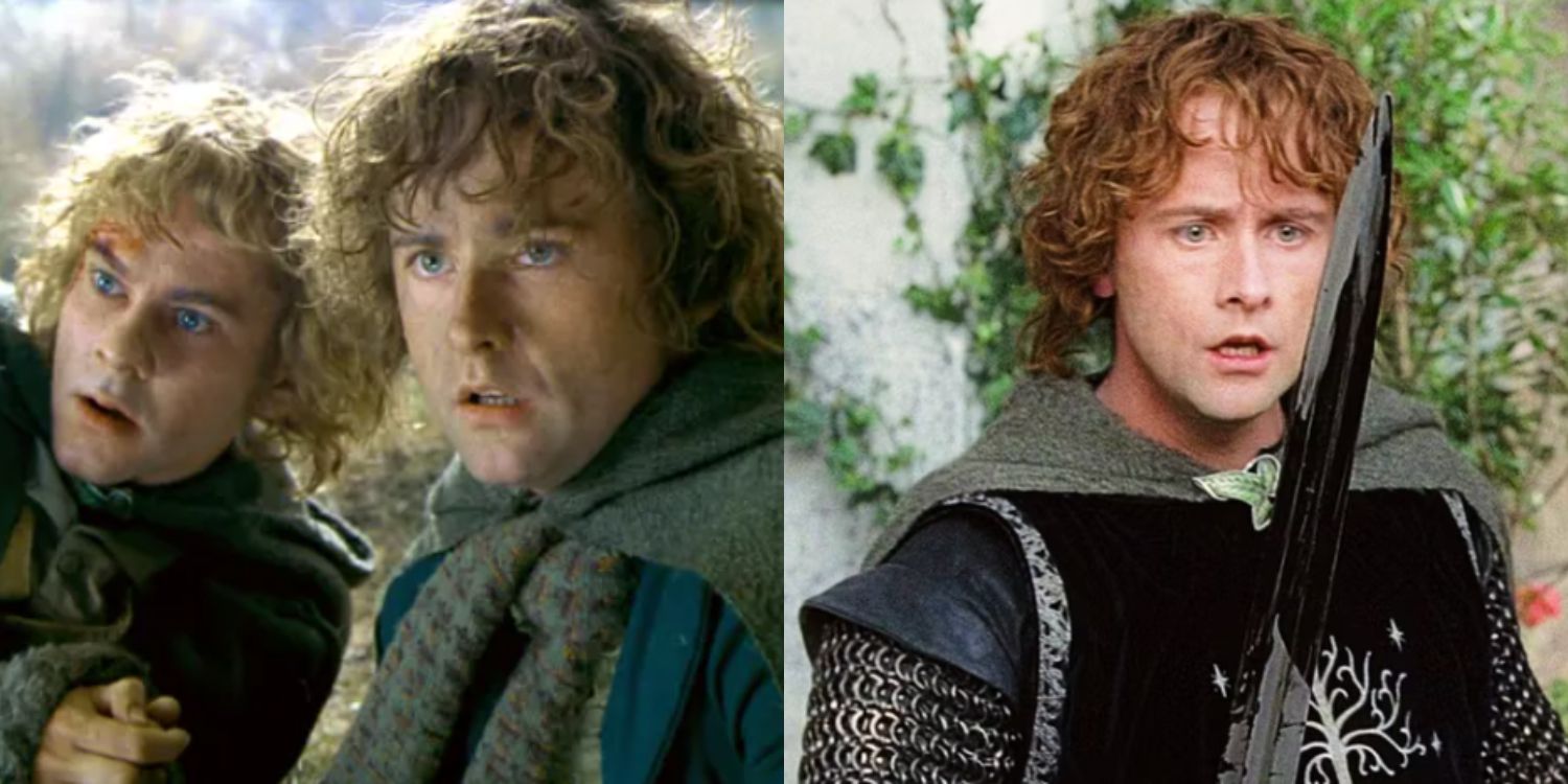A split image of Merry and Pippin looking shocked and Pippin looking at a sword in Lord of the Rings