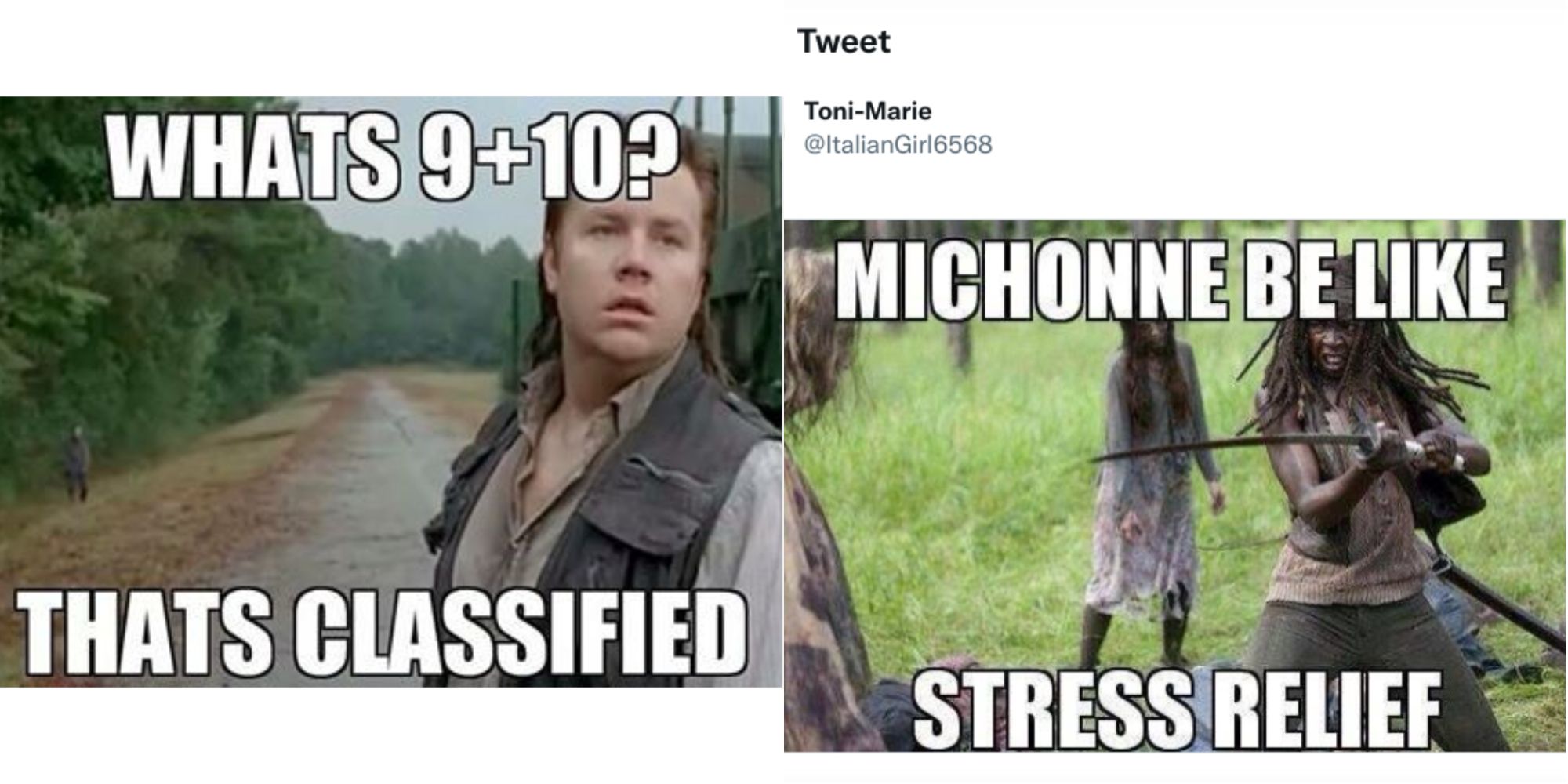 A split image of Michonne holding a samurai and Eugene looking mysterious in The Walking Dead
