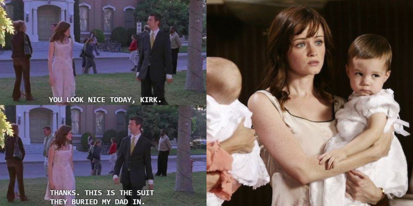 A split image of Rory and Kirk from the baptism on Gilmore Girls