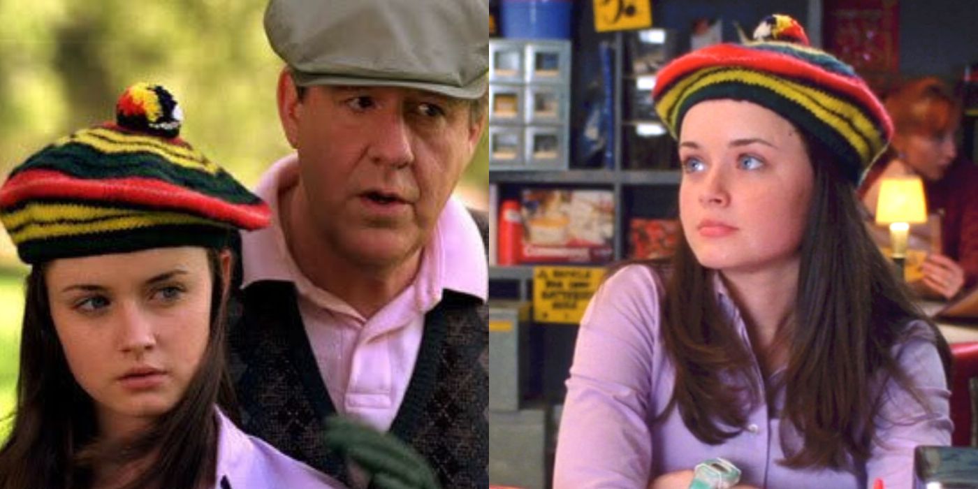 A split image of Rory and her grandfather golfing on Gilmore Girls