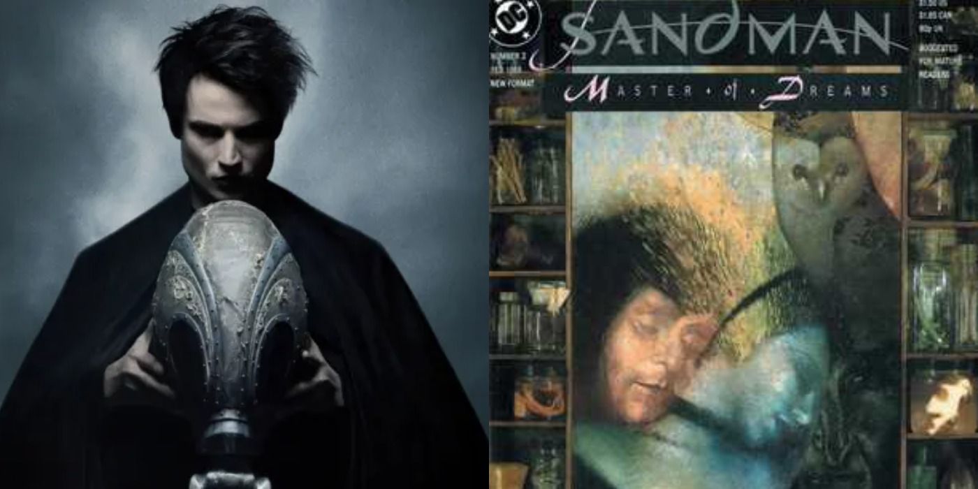 A split image of Sandman holding a skull and a comic book