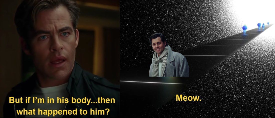 Uma imagem dividida de Steve Trevor parecendo sério e seu avatar