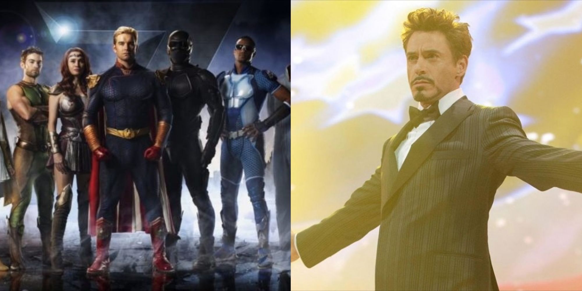 A split image of The Boys and Tony Stark with his arms out