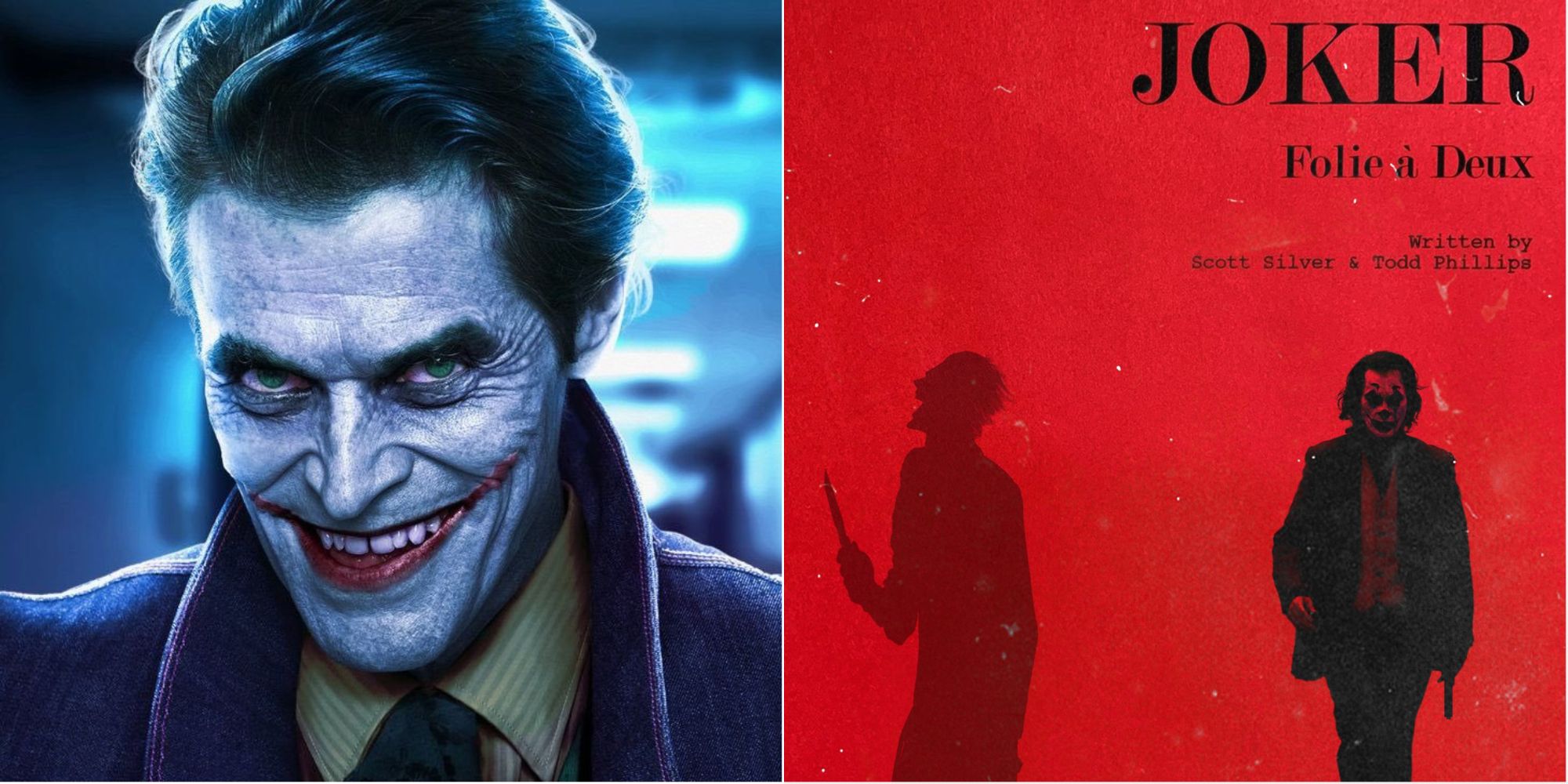 A split image of Willem Dafoe as the Joker and the poster for Joker 2