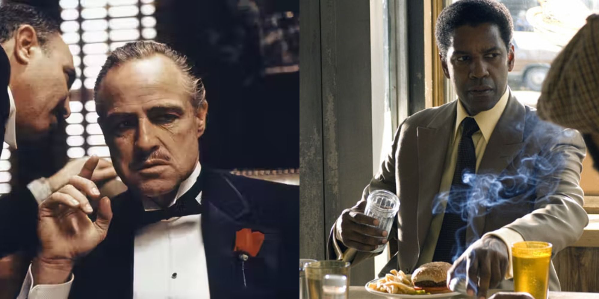 A split image of the Marlon Brando in The Godfather and Denzel Washington in American Gangster