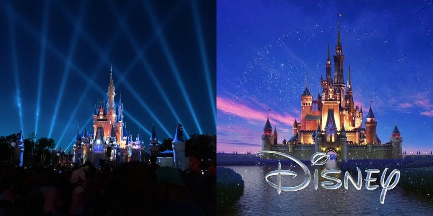 A split image of the real Disney castle and the animated intro