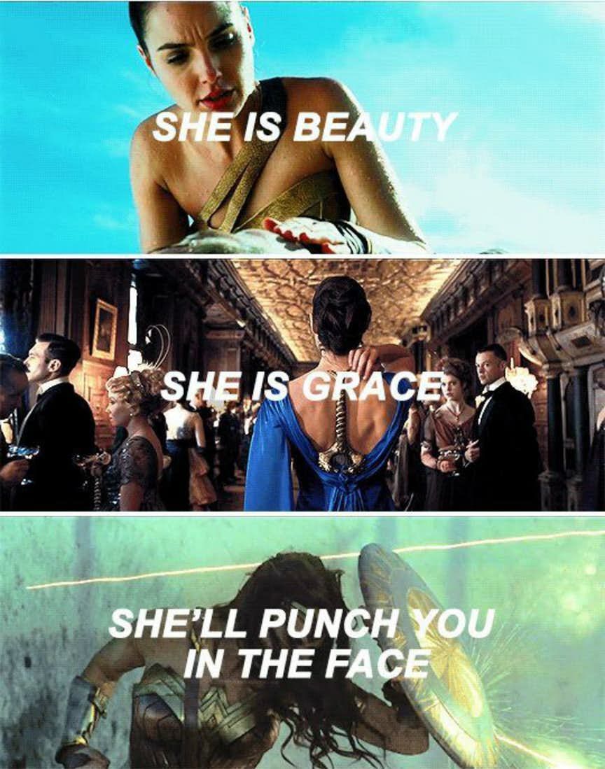A split image showing Wonder Woman fighting in the DCEU movie