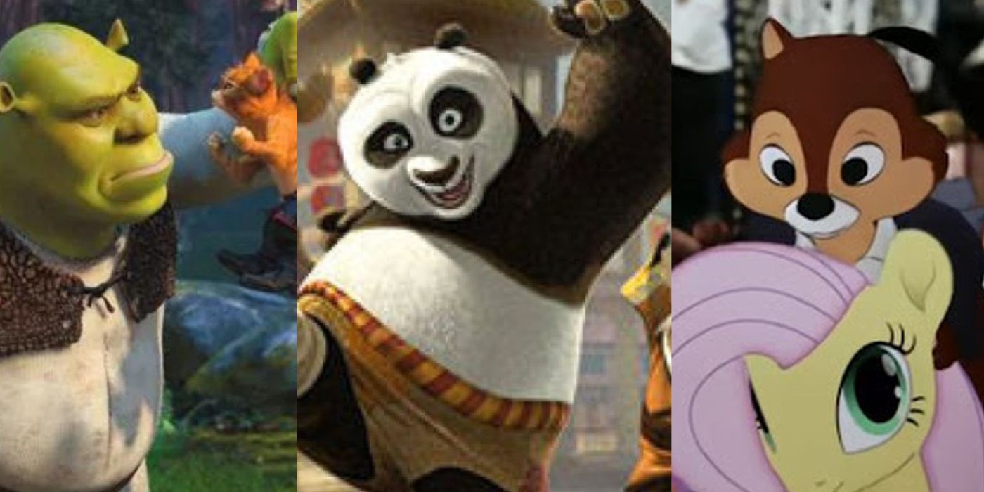 Shrek holds Puss in Boots next to an image of Po posing, next to an image of a chipmunk from Chip ‘n Dale riding a My Little Pony