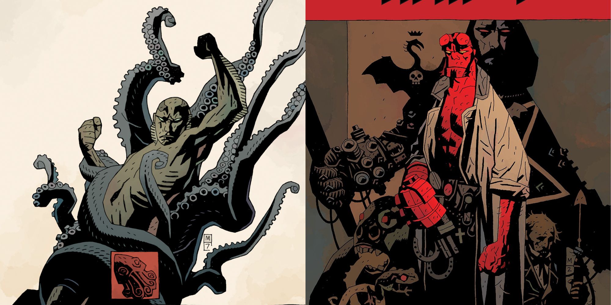Split image showing Abe Sapien and Hellboy in Marvel Comics.