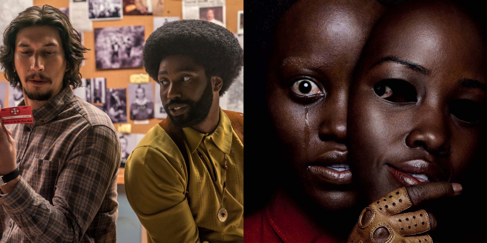 Split image showing Ron and FLip in BlacKkKlansman and Red in Us.
