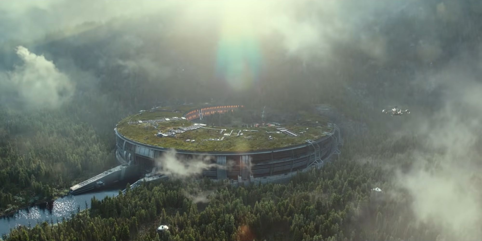 Aerial view of BioSyns Sanctuary from Jurassic World Dominion