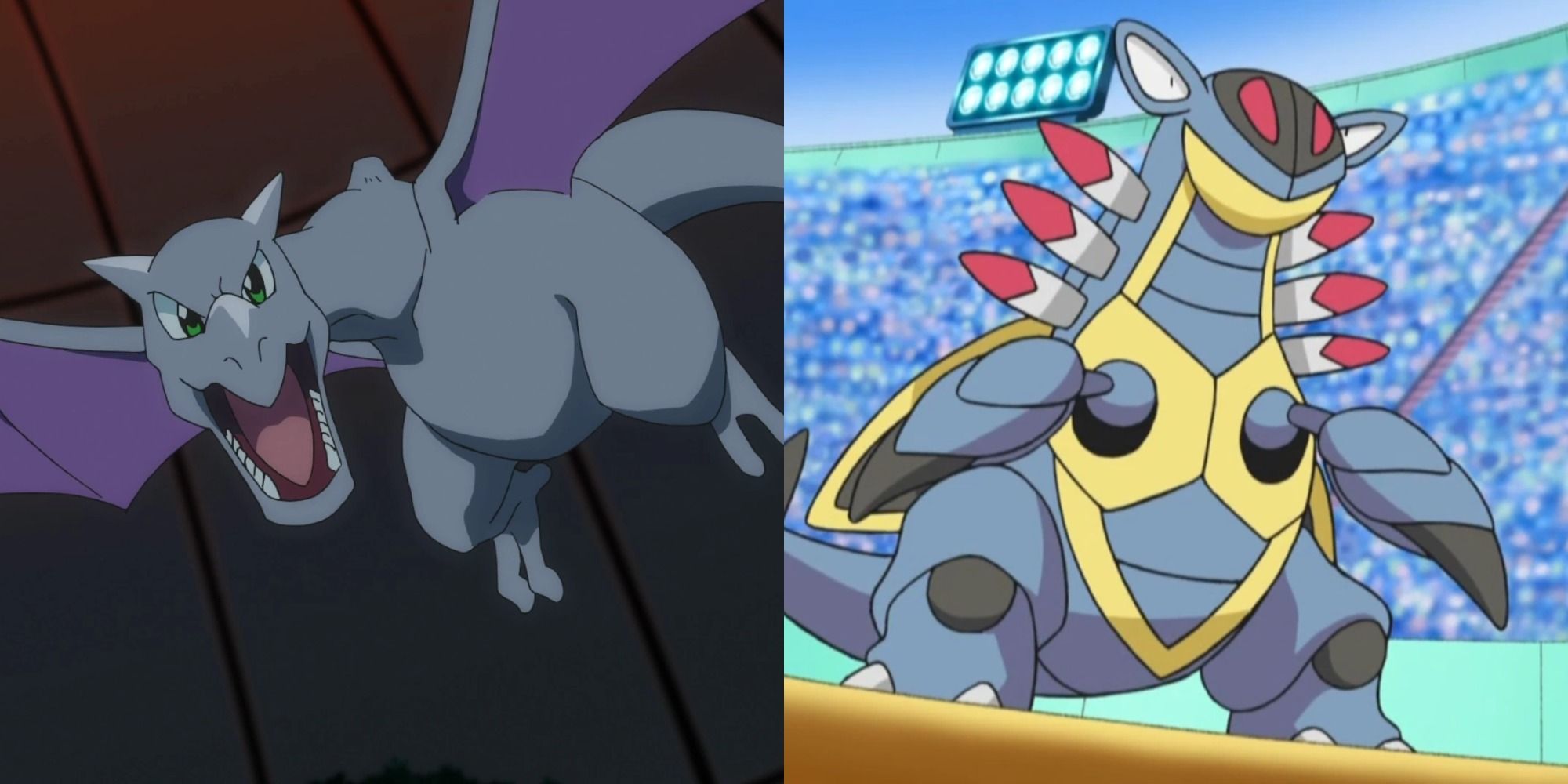 Split image showing Aerodactyl and Armaldo in the Pokémon Anime.