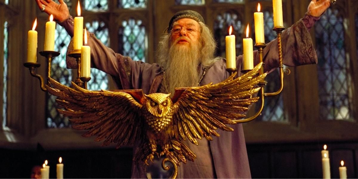 Albus Dumbledore speaking at Hogwarts in Harry Potter