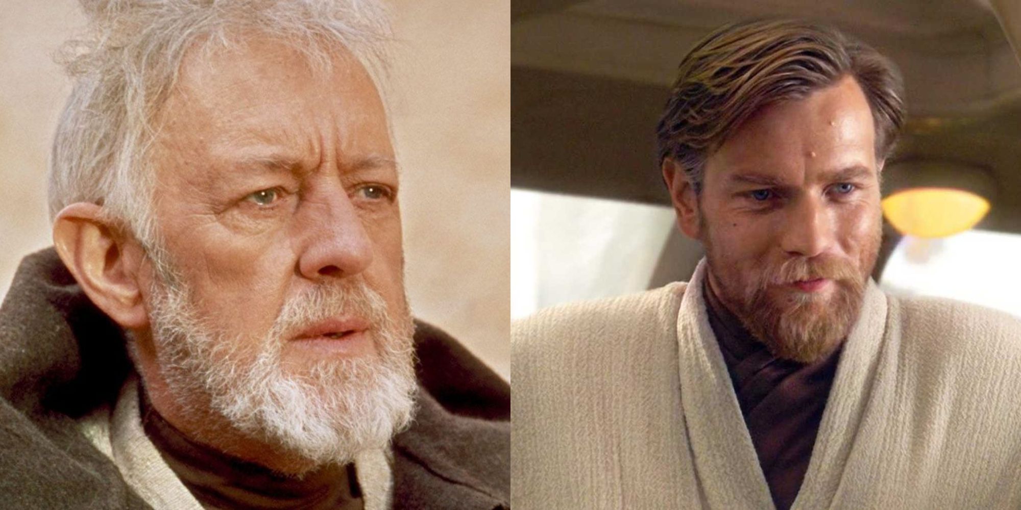 Split image showing Alec Guiness and Ewan McGregor as Obi Wan Kenobi.