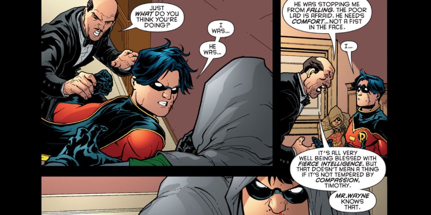 Alfred Pennyworth stops Tim Drakes Robin from attacking Damian Wayne in Robin 168