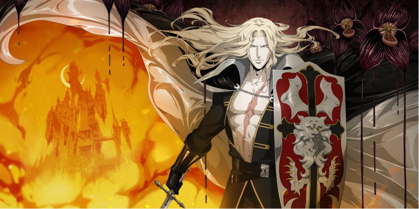 Alucard wielding his sword and shield in Castlevania season 4 promo art.