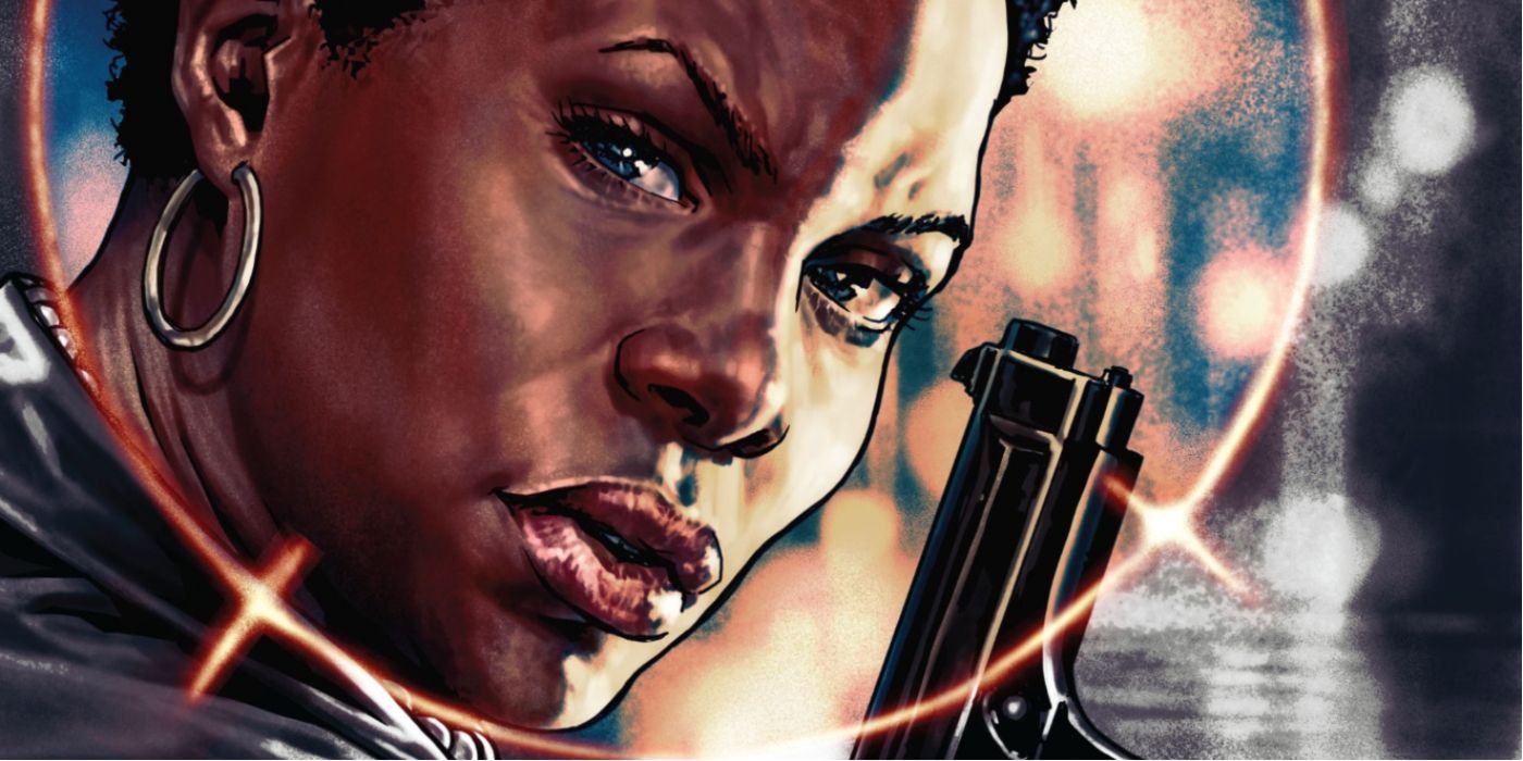 Amanda Waller holds a gun while a crosshair centers on her head.