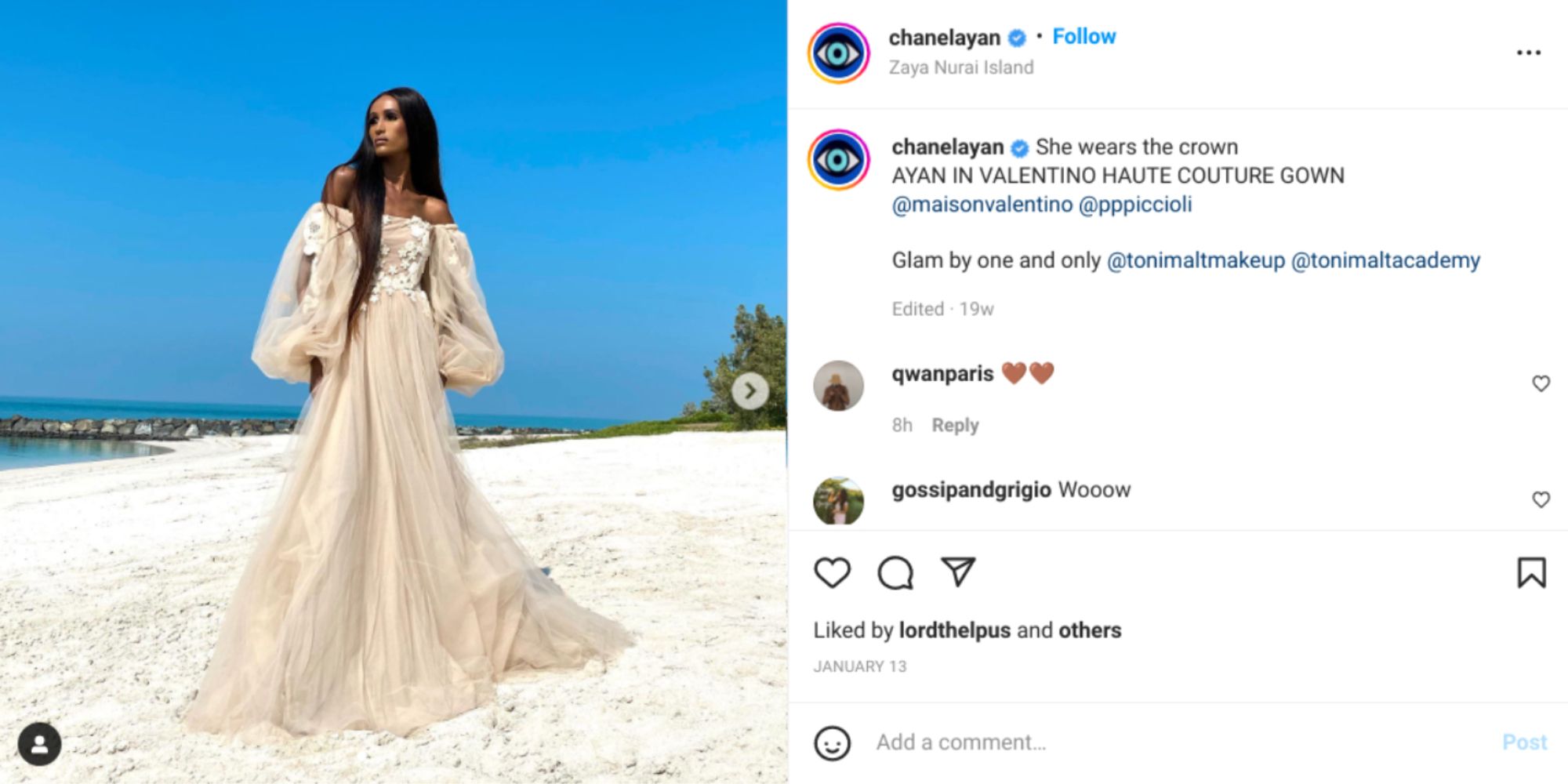 An image of Chanel Ayan standing in a dress and her Instagram page