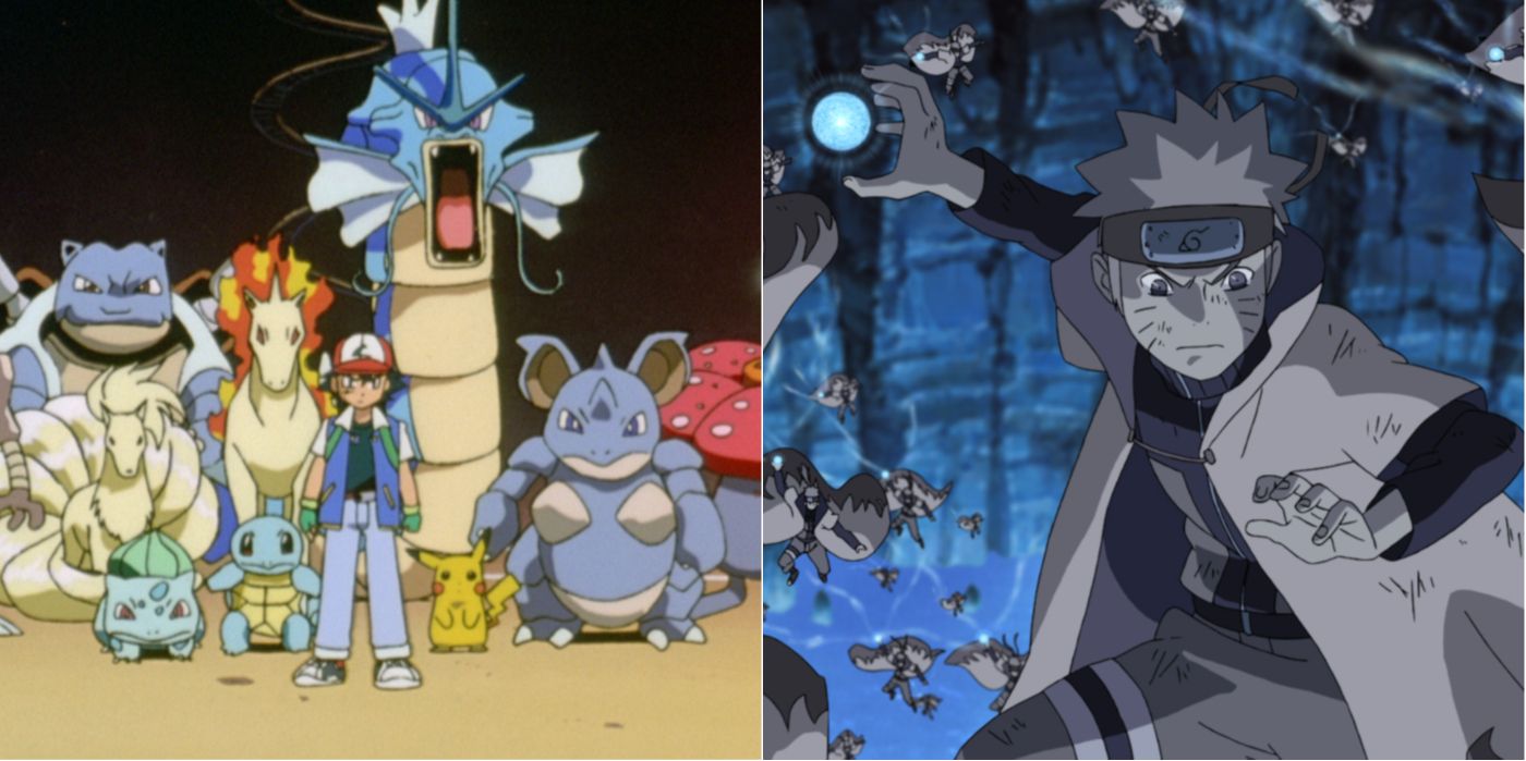 A two-image collage. On the left, Ash Ketchum stands in front of an army of Pokemon in Pokemon: The First Movie. On the right, Naruto and his army of clones prepare Rasengan in their hands in Road to Ninja: Naruto the Movie.