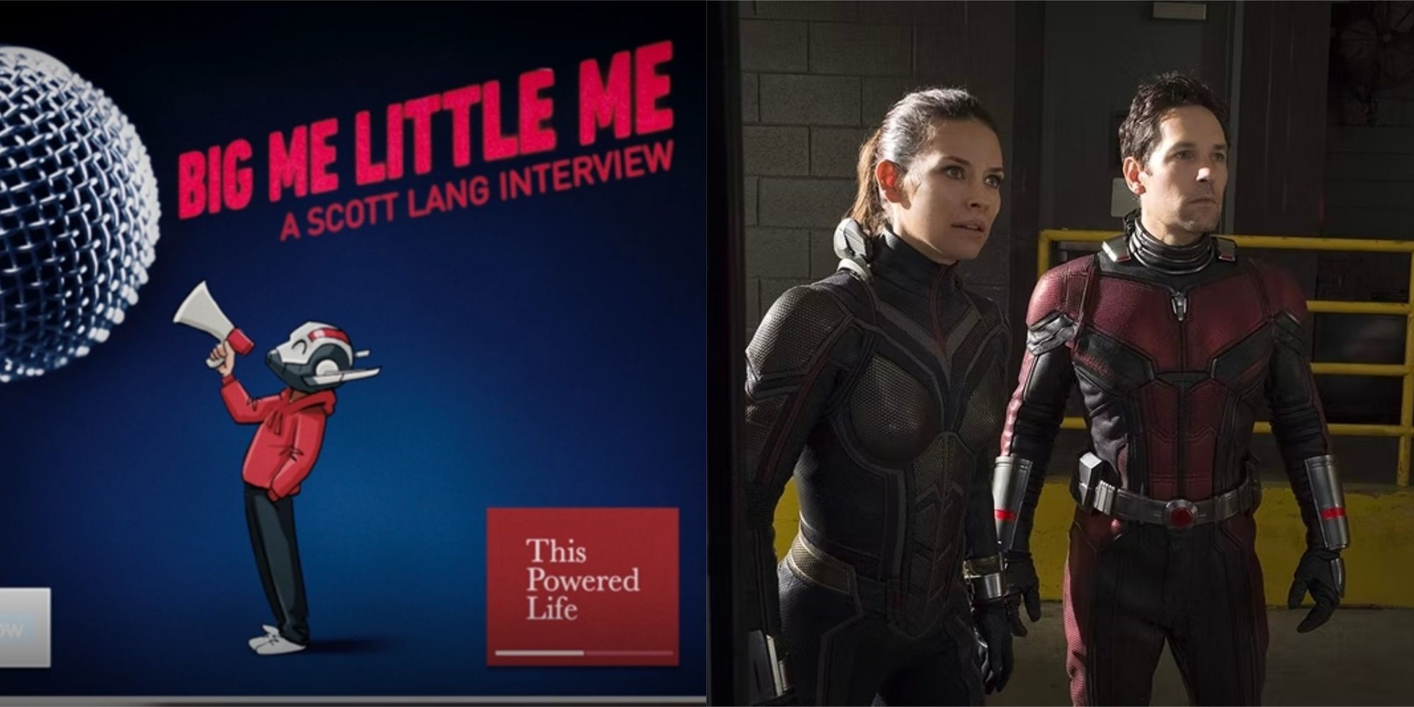 Split image of the Ant-Man podcast and him with Wasp