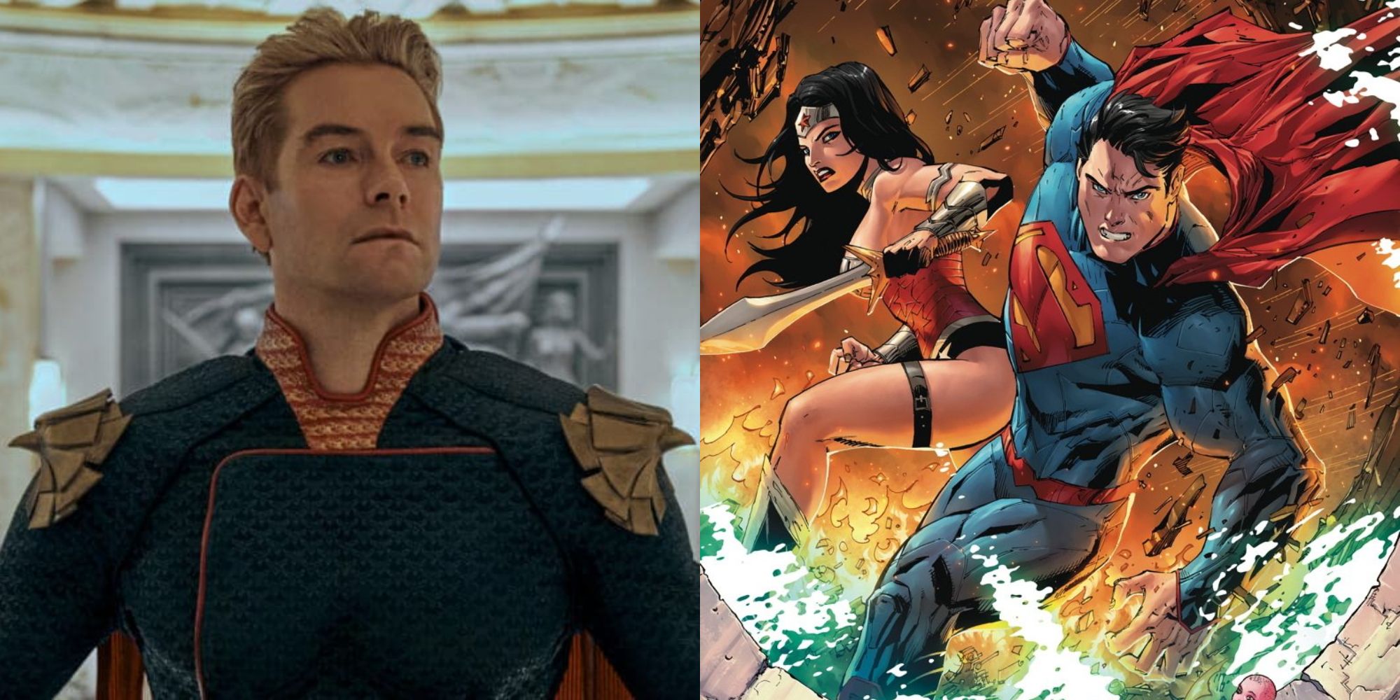 Split image showing Homelander in the Boys and Wonder Woman and Superman in DC Comics.