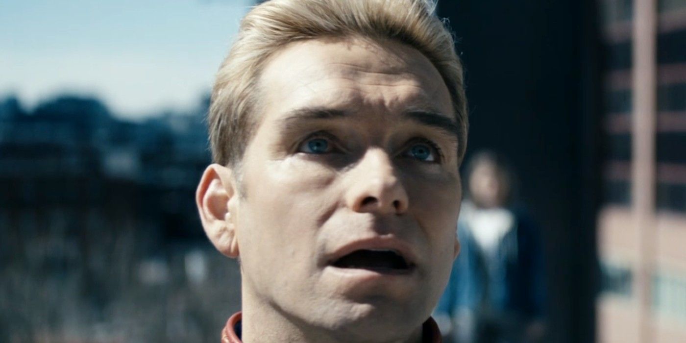 Antony Starr as Homelander looking at something with his mouth open in The Boys