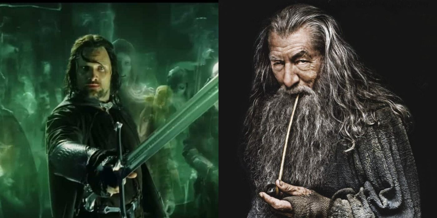 A split image showing Aragorn on the left and Gandalf on the right from The Lord of the Rings