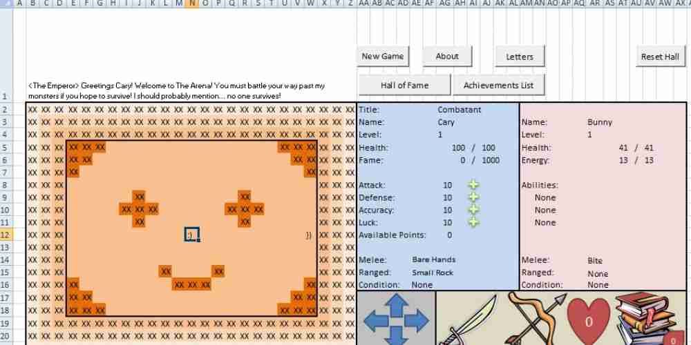 Arena XLSM uses ASCII art to disguise itself as not a game.