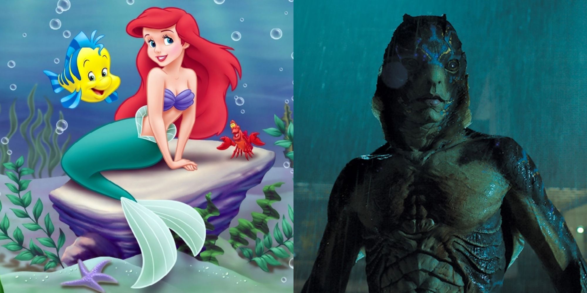 Split image showing Ariel in The Little Mermaid and the Amphibian Man in The Shape of Water.