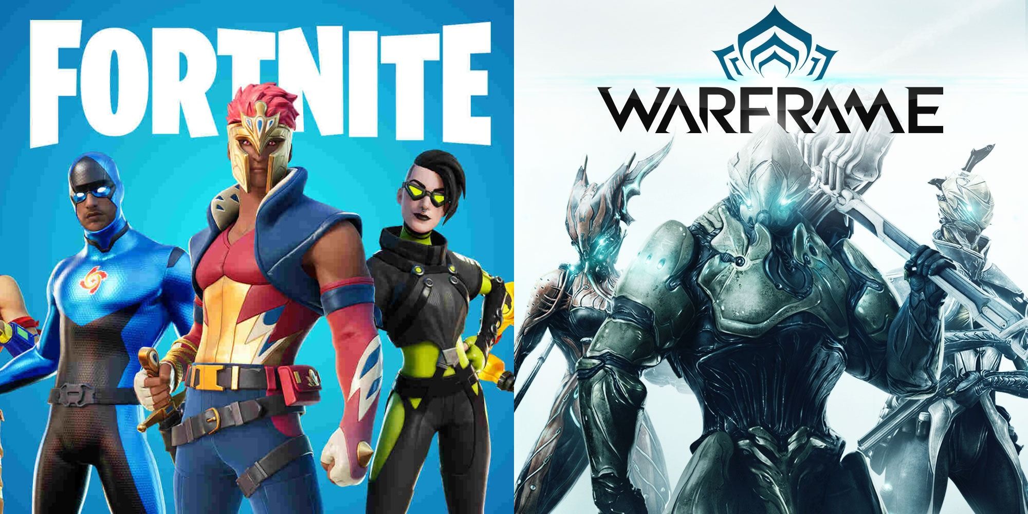 Split image showing artwork for the games Fortnite and Warframe.