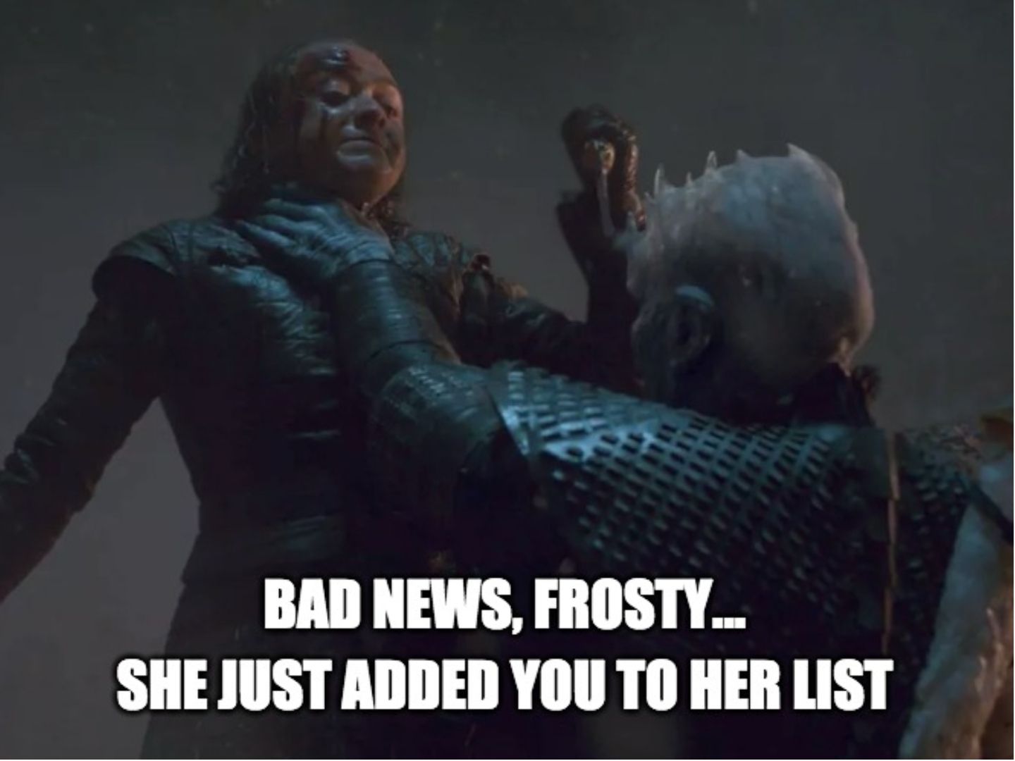 Meme about Arya fighting the Night King. 