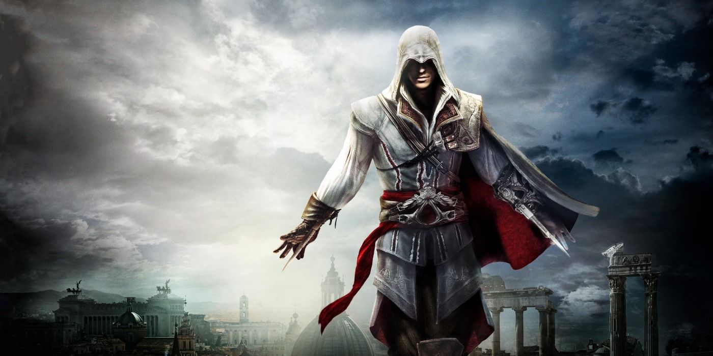 Ezio revealing his hidden blades with Italy's cityscape in the background in Assassin's Creed.