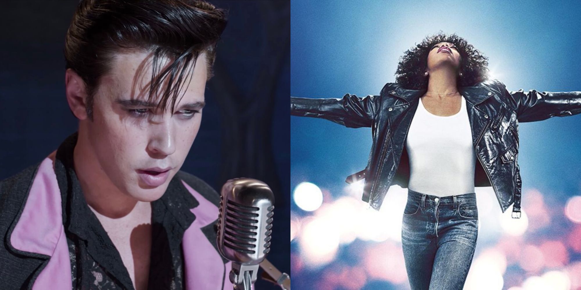 Split image showing Elvis in Elvis and Whitney Houston in I Wanna Dance With Somebody.