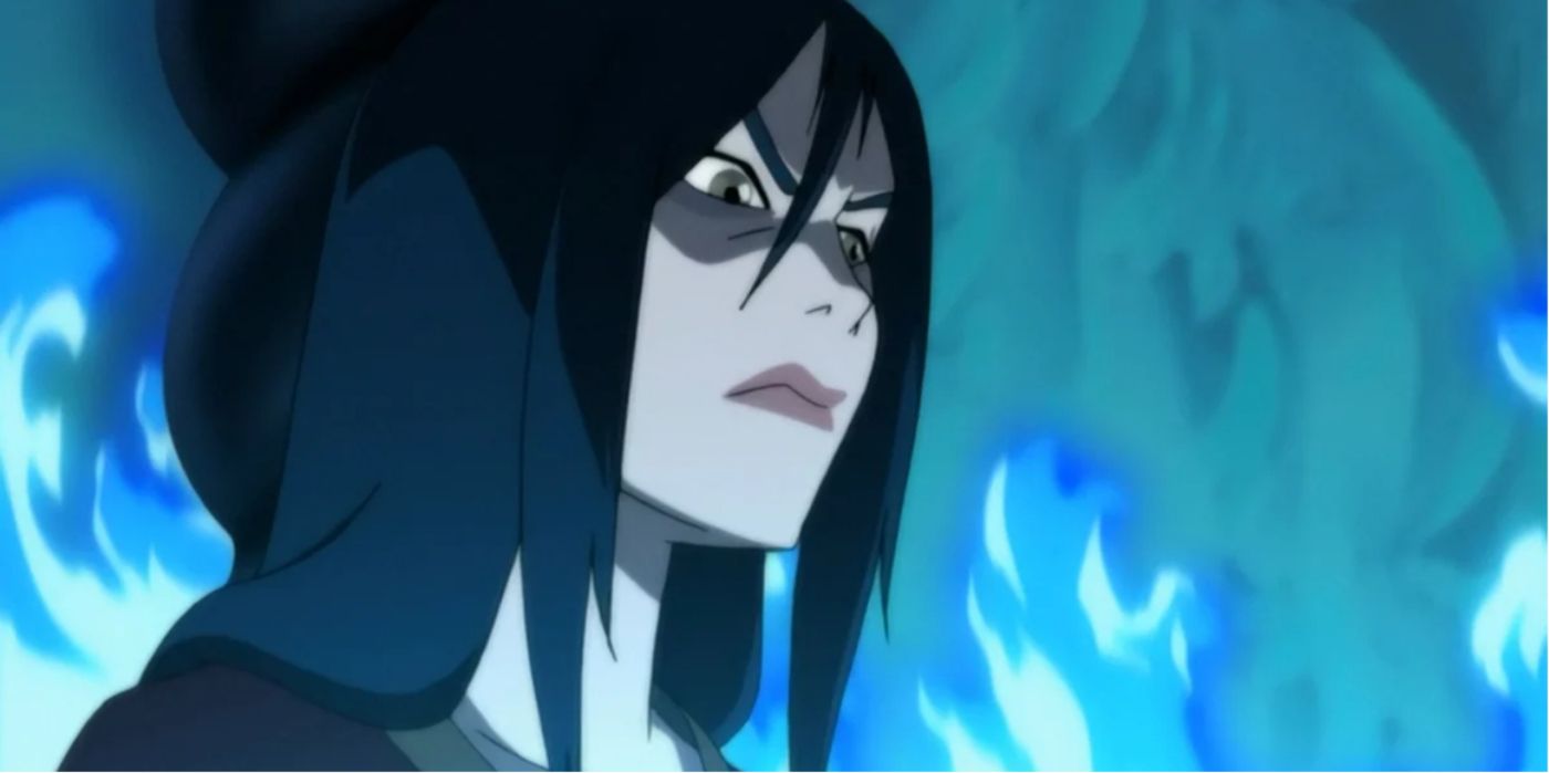 Avatar The Last Airbender character Azula looking fierce with a Blue Flame Background.