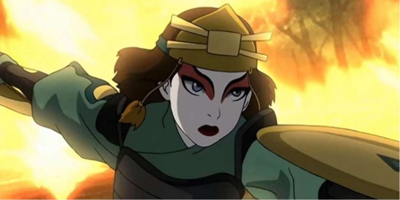 Avatar The Last Airbender character Suki wearing Kiyoshi Warrior Makeup and fighting with fire in the background.