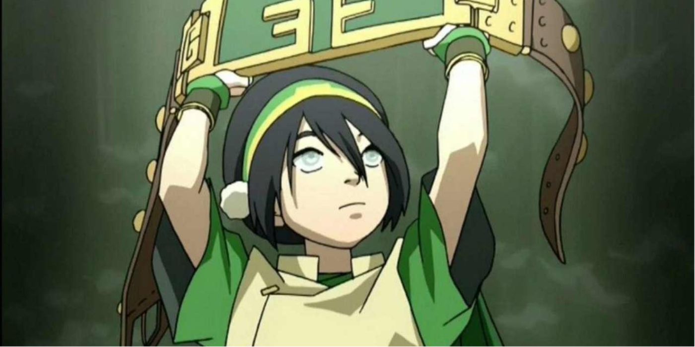 Avatar The Last Airbender image of Toph Beifong holding her championship belt as the Blind Bandit.