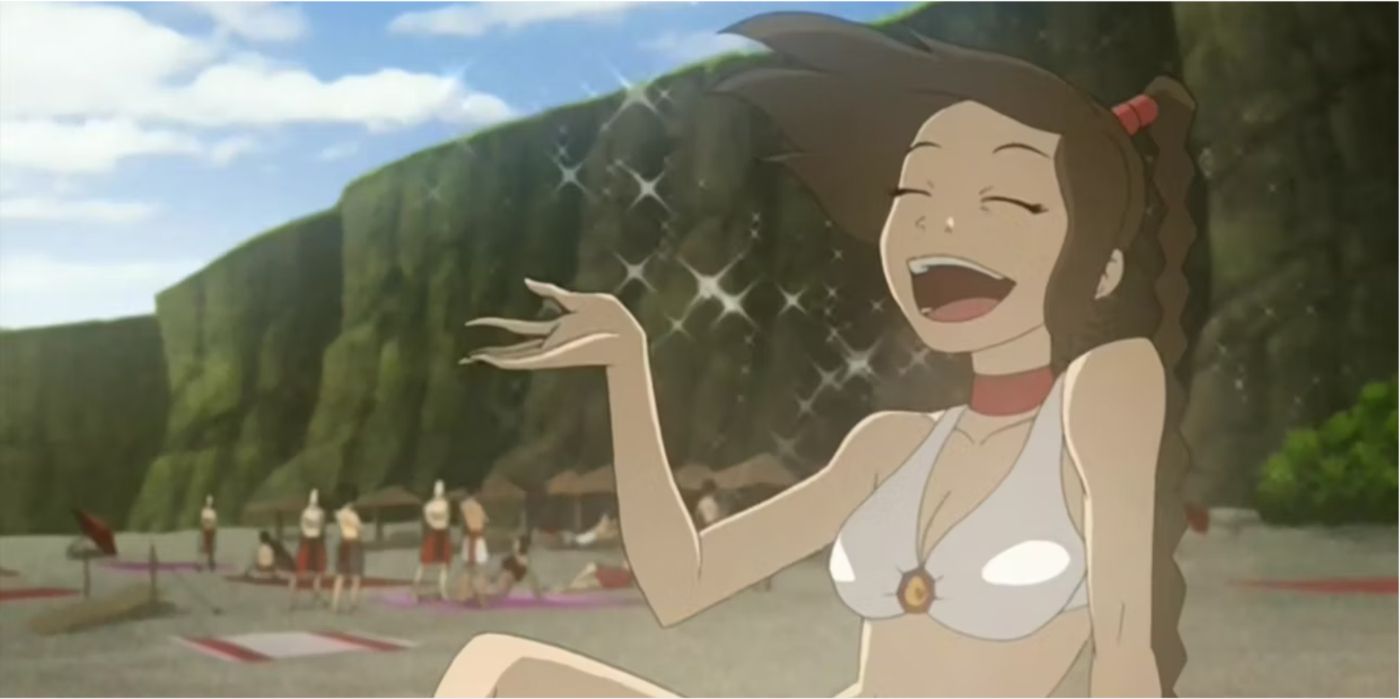 Image of Avatar The Last Airbender character Ty Lee in a Bikini laughing happily on the beach.