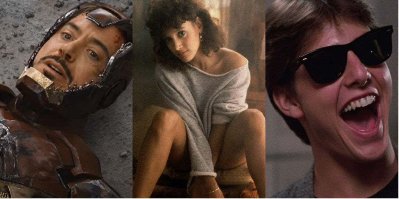a tri-split image showing (from left to right) Ironman from The Avengers, Jennifer Beals in Flashdance, and Tom Cruise in Risky Business