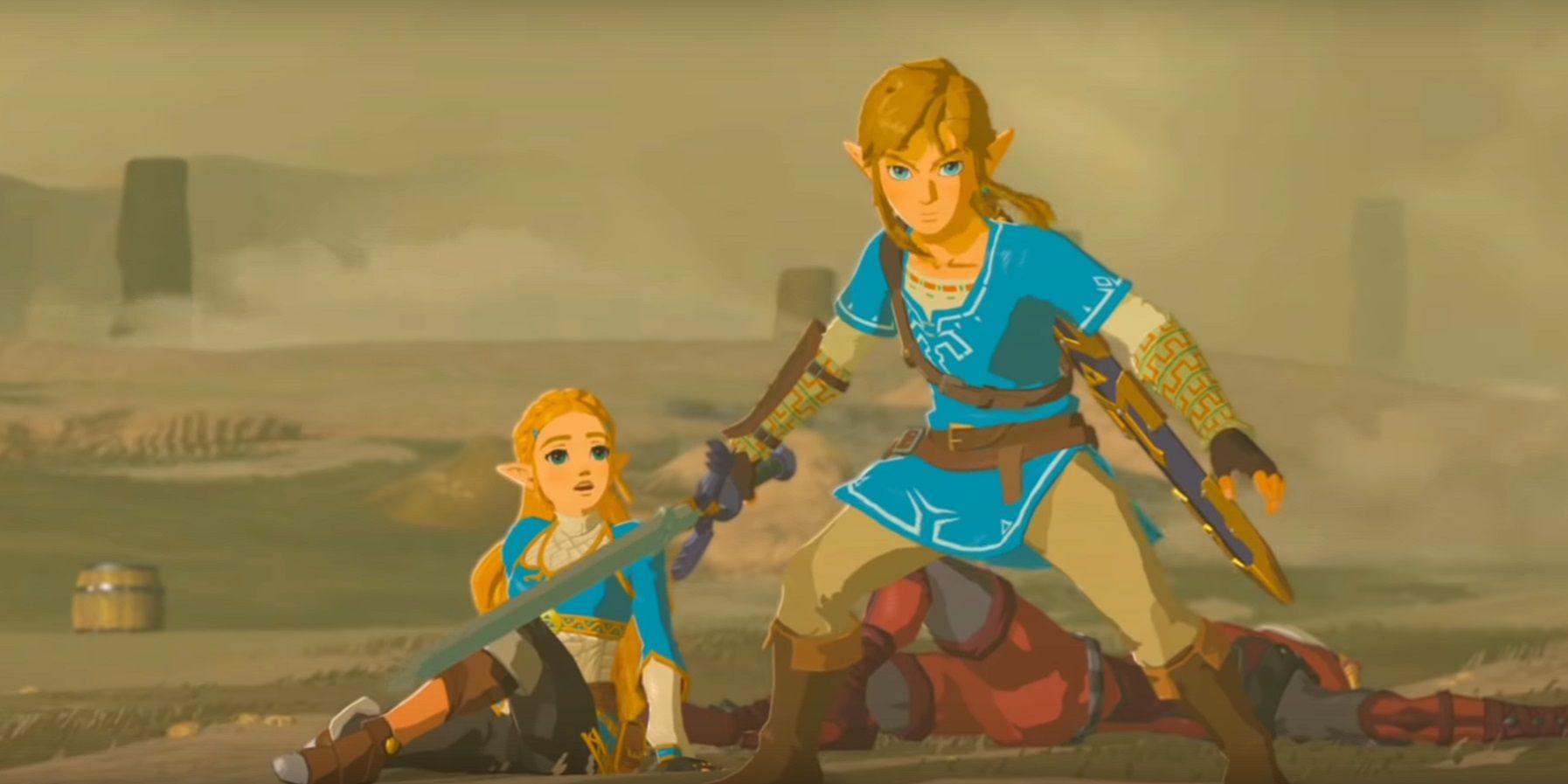 Link saves Zelda from an ambush in Zelda: Breath of the Wild, standing in front of her with sword poised, as she sits on the floor