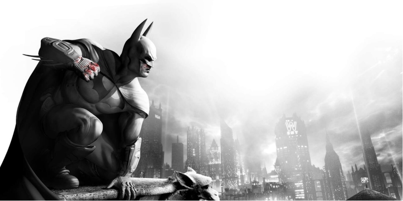Batman perched atop a gargoyle with bloody knuckles in black and white Arkham City art.