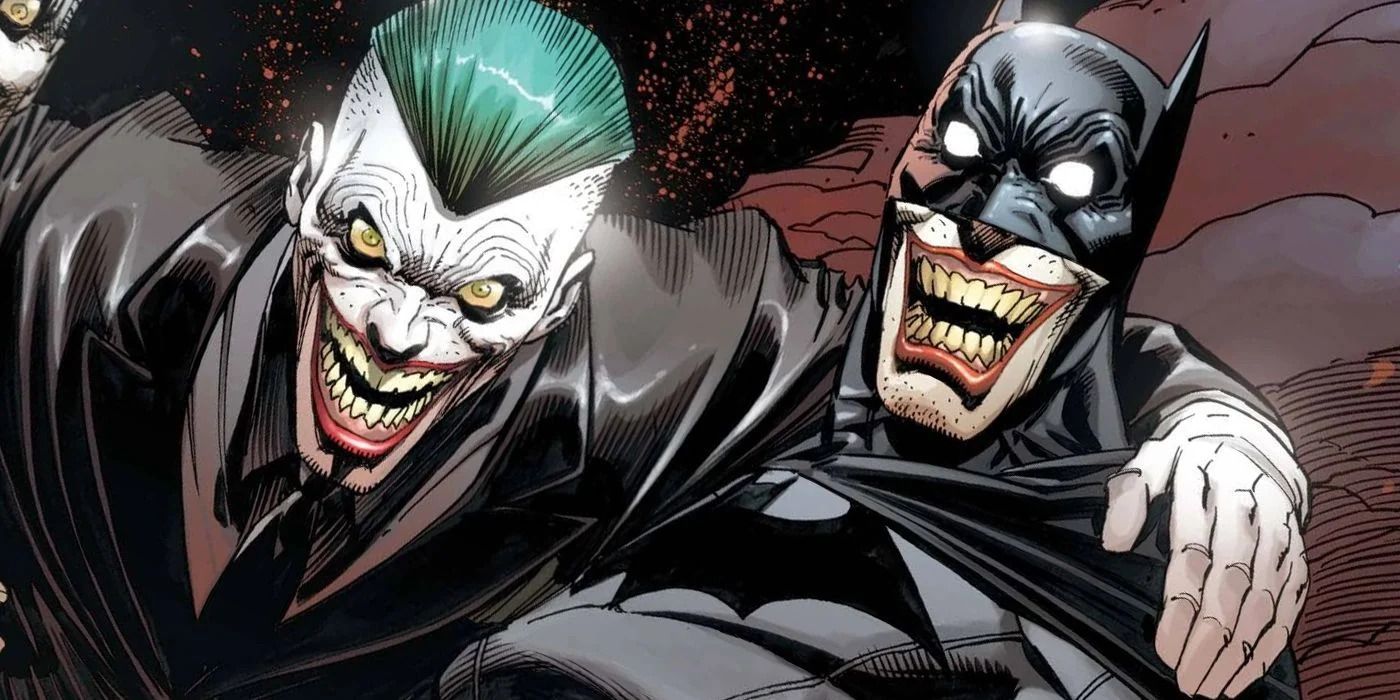 Joker and Batman laughing crazily together, with Joker&rsquo;s arm around Batman