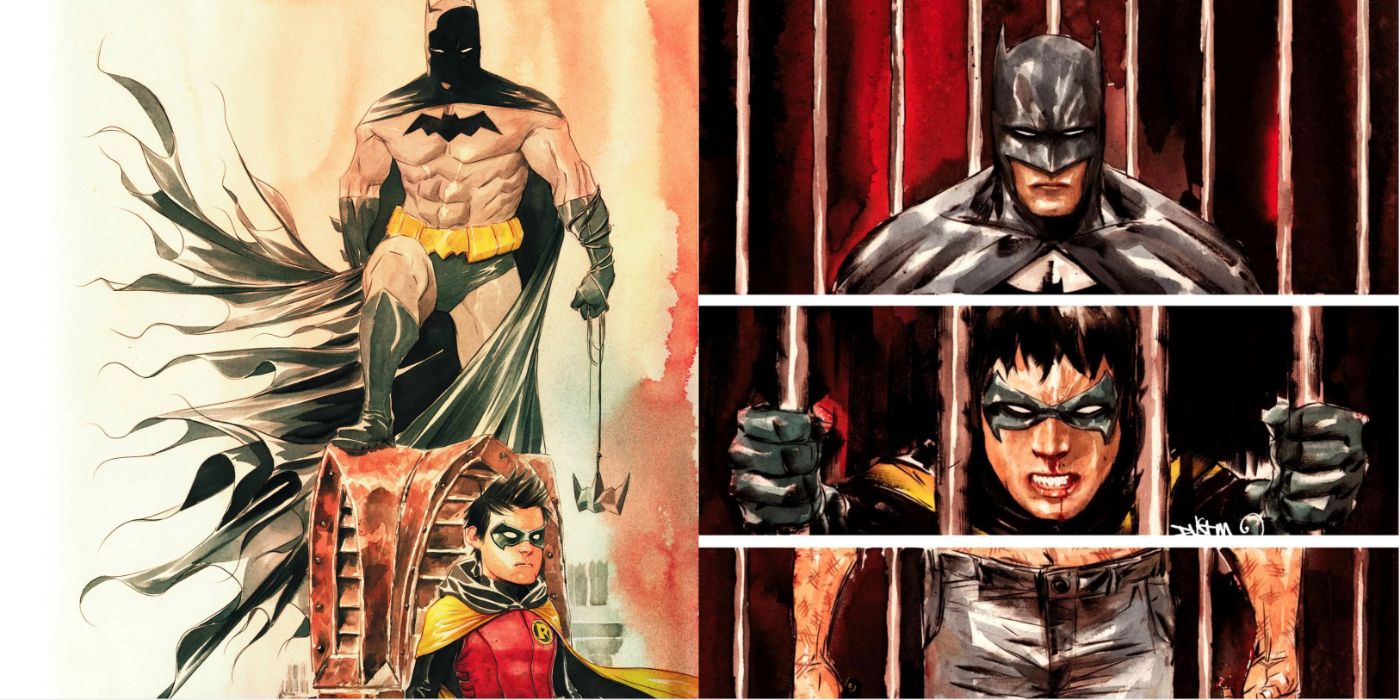 Split image of Batman and Robin in Streets of Gotham, with Zsasz in prison-themed cover art.