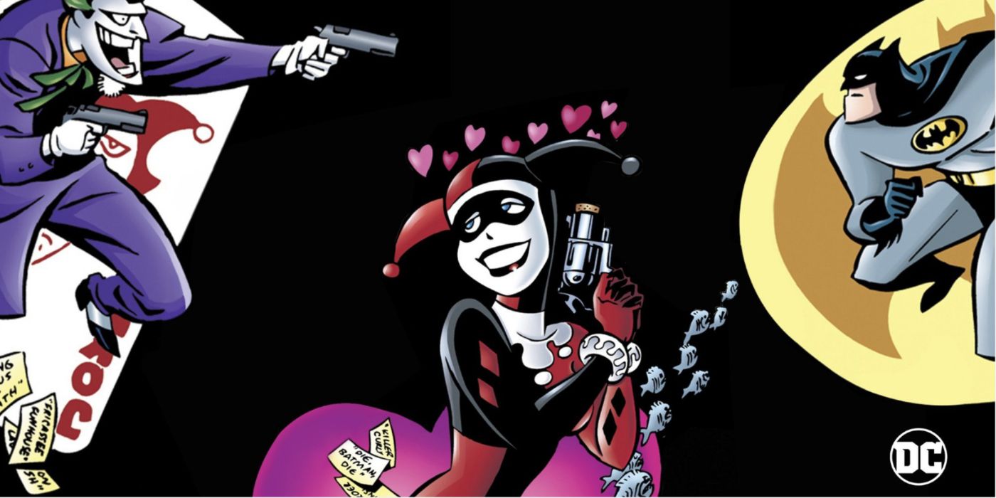 Harley holding a gun and swooning over Joker as he faces off against Batman in the background.